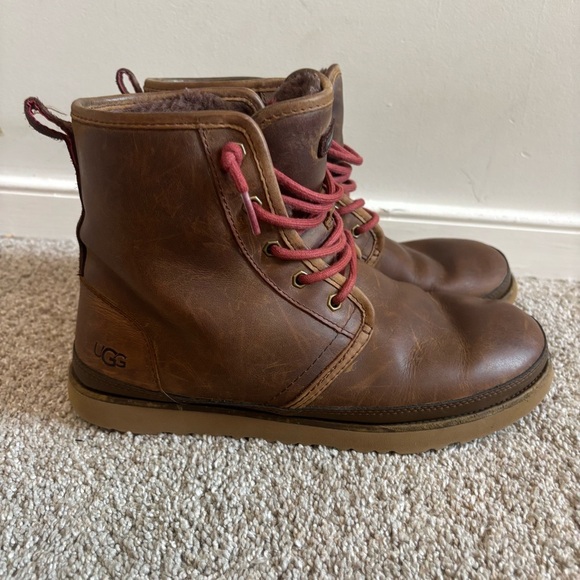 Ugg Men’s Harkley Weather Boots Brown Leather Red Laces Size 10 Waterproof - Picture 1 of 8
